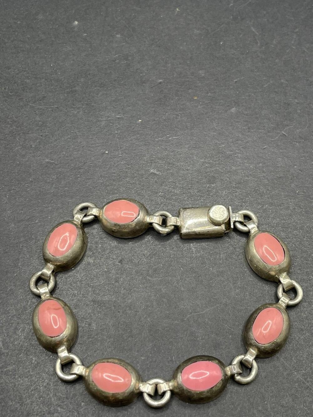 925 Sterling Silver Pink Stone Oval Link Bracelet Vintage Jewelry Piece